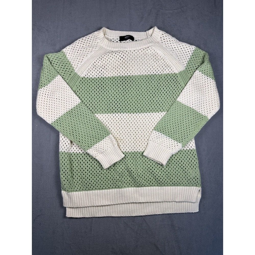 ABLE By Anthropologie Organic Cotton Open Knit Striped Sweater Green Ivory XL